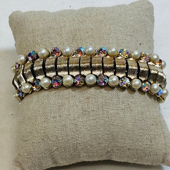 Coro Jewelry - Vintage Coro Aurora Borealis Bracelet Rhinestone Faux Pearl Link Gold Flawed